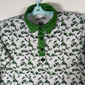 Pins & Aces Polo Shirt Mens Medium White Green Lawn Mower Golf Performance